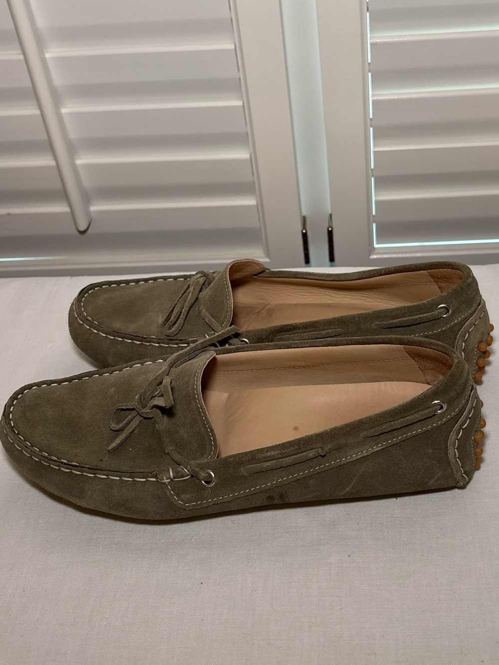 Ann Mashburn Suede Driving Loafers in Olive